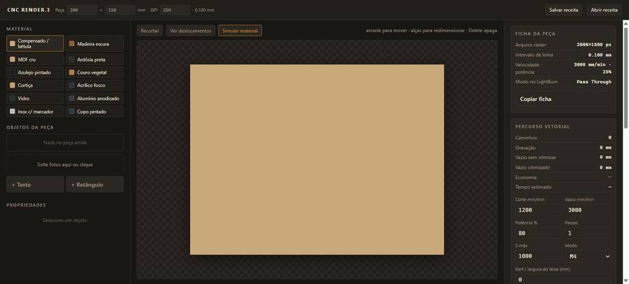 Grade de presets de material no editor da CNC Render
